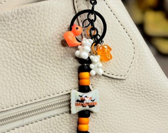 Halloween Charm Keychain: Spooky Ghost, Duck & Pumpkin - Beaded Bag Accessory