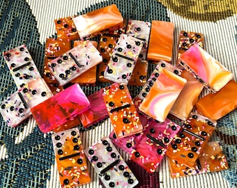 Rainbow Sherbet Resin Dominoes, Handmade Sprinkle Double Six Set, 28 Piece 2 Inch Game Night Gift