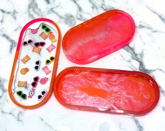 Pink Orange Resin Tray Set of 3, Large Medium Small Trinket Tray, Candy Sunglasses Jewelry Dish, Handmade Vanity Catch All Decor