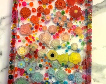 Rainbow Floral Resin Tray, Handmade Catch All Tray, Jewelry Trinket Dish, Colorful Vanity Decor Gift