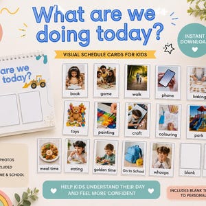 May include: A visual schedule set for kids featuring a spiral-bound board with the text What are we doing today? and multiple rectangular cards displaying daily activities like book, game, walk, phone, baking, cars, toys, painting, craft, and park.