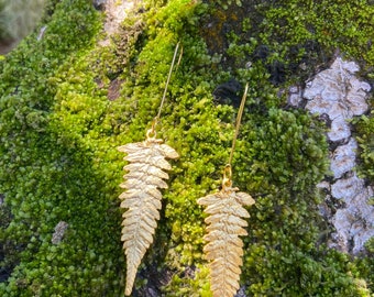 Handcrafted Gold Fern Earrings Made by Spring 3 Inch Drop Nature Lovers Summer Forest Bathing Earth Earrings