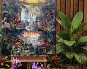 Heiliger Wasserfall im Frühling, 16x20 Original-Gemälde in Mischtechnik auf Leinwand