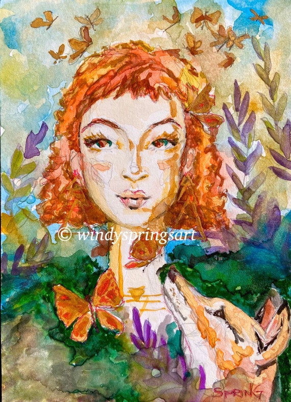 Foxy Lady 2x4 inches Fall Colors water color Original OOAK Painting Custom  Cards Herbs Butterflies and Fox Make Magic Miniature Painting