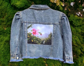 Orchid and Hummingbird Jean Jacket Handmade by Spring One of a Kind Size M