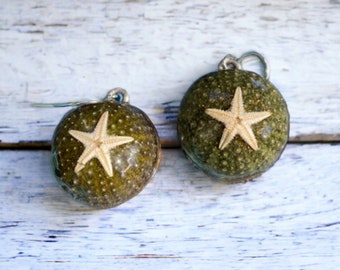 Mermaids Sea Urchin and Sea Star Earrings Handmade Hammered Jewelry Adjustable Statement Piece OOAK Seashell Rare Beach Find