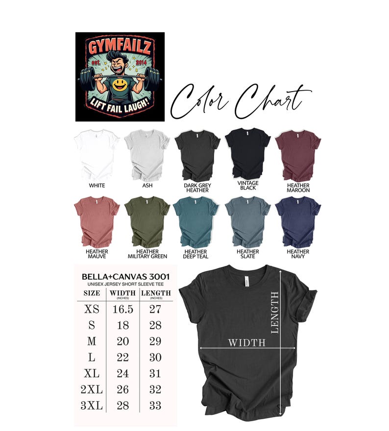 May include: A dark grey unisex short sleeve t-shirt with a graphic of a weightlifter and the text "GYMFAILZ Lift Fail Laugh!". The color chart shows various shirt colors, including white, black, and navy. Size chart shows width and length in inches.