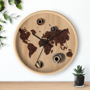 Weltkarte des Kaffee-Liebhabers Wanduhr, rustikale Küchendekoration, Geschenk für Kaffee-Enthusiasten, einzigartige Uhr für Zuhause, Kaffee-Themen-Dekor