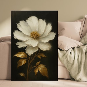 White Flower on Black Background Wall Art, Elegant Floral Oil Painting Style Printable, Boho Decorative Wall art, Wild Flower Art Print