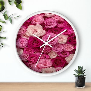 Reloj de pared floral: decoración con rosas rosas, detalles para el hogar, regalo para ella, Día de la Madre, inauguración de la casa