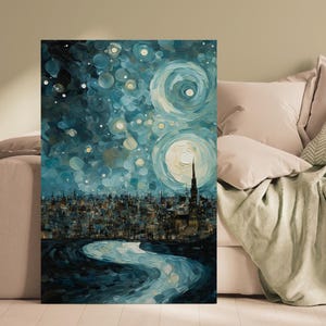 Sternennacht Stadtbild Kunst | Impressionistische digitale Malerei druckbare | Urban Sky Modern Poster | Download Wandbild Nachthimmel