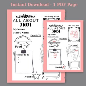 Mother&#39;s Day Printable Coloring Page, All About My Mom Page, Mother&#39;s Day Activity , Fill in the Blank Coloring Page, Kids Gift for Mom