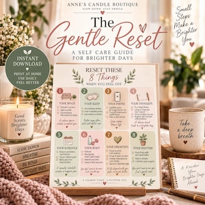 Könnte beinhalten: Ein Selbstfürsorge-Leitfaden mit dem Titel The Gentle Reset, der acht nummerierte Abschnitte mit Ratschlägen zu Raum, Schlaf, Telefon, Gedanken, Zeitplan, Körper, Prioritäten und Routine sowie Text und Symbole auf hellem Grund enthält.