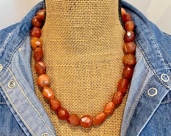 Orange Carnelian Faceted Beaded Necklace 19mm: 658 Carats, Handmade Texas Jewelry by Limpin Lizards