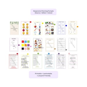 Pode incluir: Um conjunto de prompts de planejamento imprimíveis para educadores. Os prompts são organizados em categorias como "Meu Livro de Comunicação", "Eu Sinto", "Eu Preciso", "Números", "Notas da Equipe", "Esquema de Olho", "Começando Bem", "SHAMARR para Planejamento", "RTA Sendo Eu", "Pedagogia de Bolso" e "Planejamento Reflexivo e Responsivo".