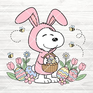 SVG de Snoopy de Pascua, disfraz de conejito, diseño de sublimación de primavera