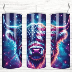American Flag Highland Cow 20 oz Skinny Tumbler Sublimation, Patriotic Tumbler Wrap, 4th of July Tumbler Png, Digital Download, PNG