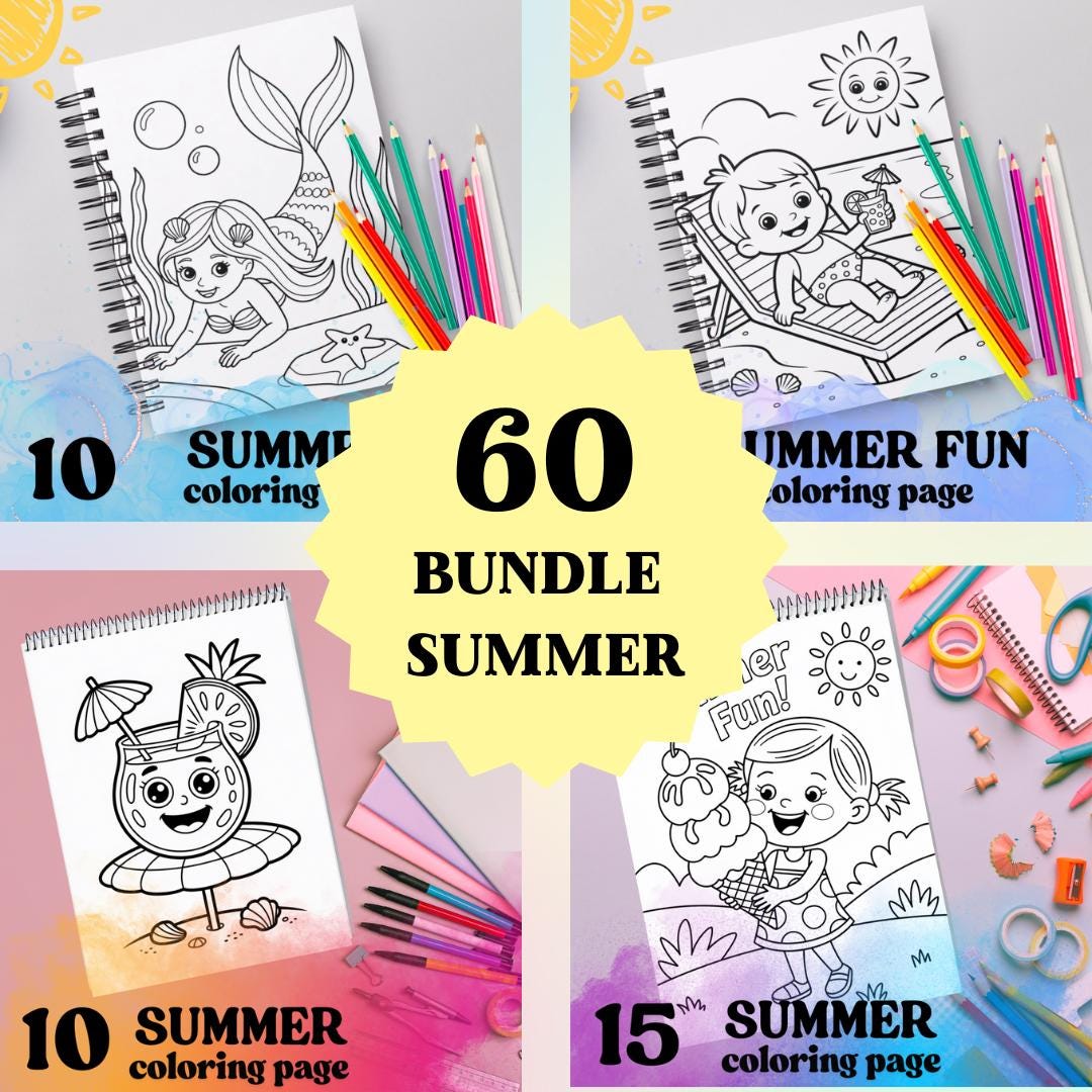 Mega Summer Coloring Pages Bundle – 4 Printable Sets for Kids – Beach ...