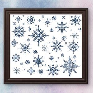 Puede incluir: Obra de arte enmarcada con una colección de diseños de copos de nieve azules y blancos. Los copos de nieve varían en tamaño y complejidad, con patrones intrincados. La obra de arte se muestra en un marco marrón oscuro, creando un contraste con el fondo blanco.