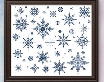Snowflake Sampler Cross Stitch Pattern, Christmas Snowfall Design (PDF Download)