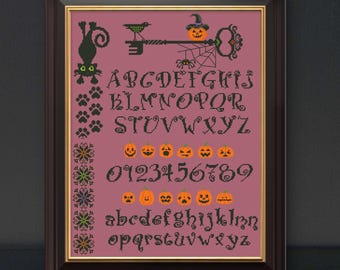 Halloween ABC Cross Stitch Pattern, Spooky Alphabet Sampler (PDF Download)
