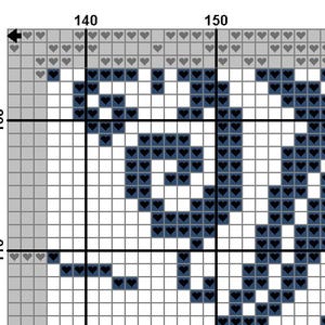 May include: Close-up of a cross-stitch pattern with a grid of squares. The design features a repeating pattern of dark blue hearts and white spaces against a gray background. The pattern is symmetrical and geometric.