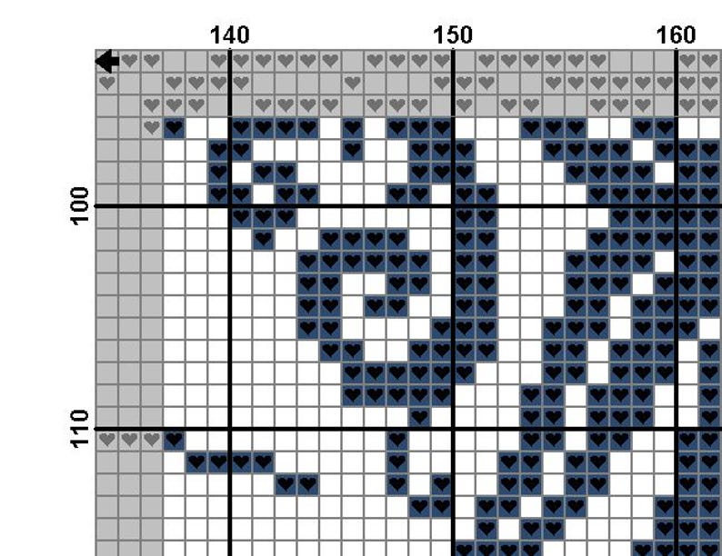 May include: Close-up of a cross-stitch pattern with a grid of squares. The design features a repeating pattern of dark blue hearts and white spaces against a gray background. The pattern is symmetrical and geometric.
