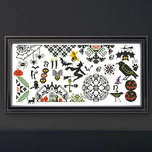May include: Cross-stitch sampler with Halloween motifs, including pumpkins, bats, spiders, a witch on a broom, and a raven. The design features black, orange, green, and white colors, framed in a black frame. The sampler is displayed against a dark background.