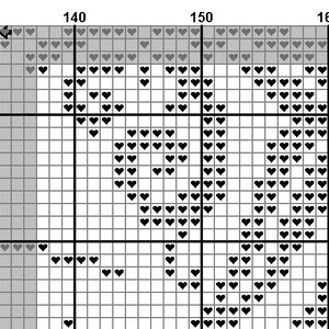 May include: A cross-stitch pattern featuring a design of hearts. The pattern is composed of black heart symbols on a white grid background. The top and left edges have a gray border. The pattern is ideal for creating handmade crafts.