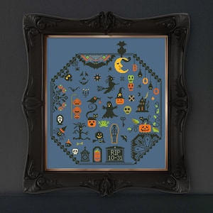 Halloween Night Cross Stitch Pattern, Spooky Horror Sampler, Holiday Design (PDF Download)
