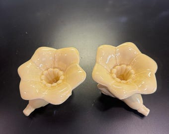 Vintage Flower Candle Holders Set of 2 Yellow Morning Glory Ceramic 3x4in
