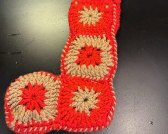 Vintage Crocheted Christmas Stocking Granny Square Red & Brown