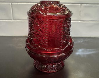 VTG Indiana Glass Red Fairy Lamp Stars & Bars Pattern Flashed Ruby *See Photos*