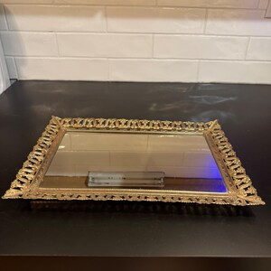 Vintage Matson Mirrored Vanity Tray Women Large Gold Filigree Ornate Rectangular