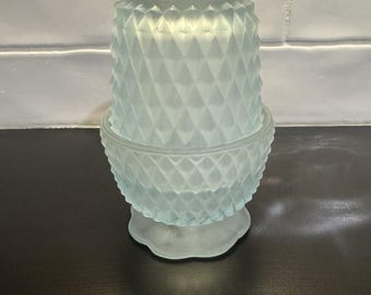 VTG  Indiana Glass Light Blue Satin Frost Diamond Point Fairy Lamp Candle Holder
