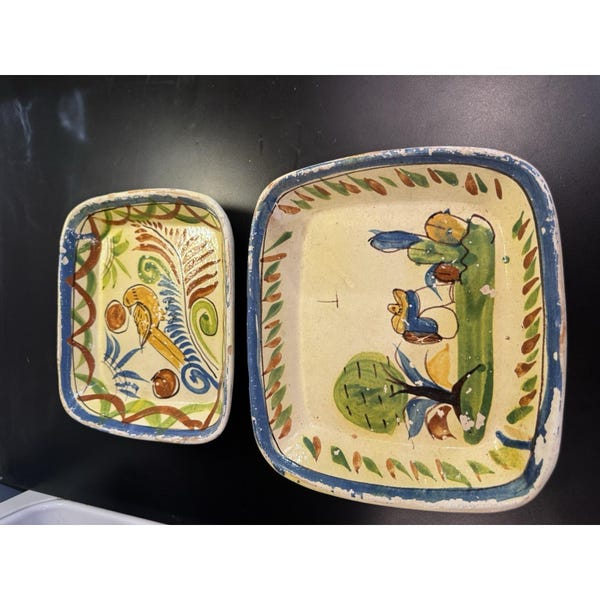 2 Vintage Mexican Folk Art Pottery Tlaquepaque Dishes Man Cactus Stamped