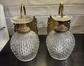 2 Hollywood Regency style wall sconces ornate Brass backplates  USA Made No Wire