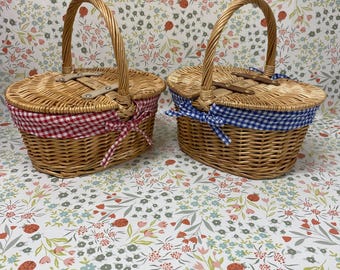Children's Wicker Picnic Basket, Gingham Lining (Red or Blue), World Book Day