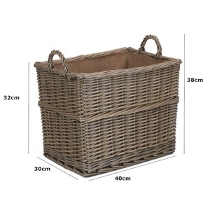 May include: A rectangular woven wicker basket with two arched handles. The basket is 30 cm wide, 40 cm long, and 38 cm high, with a height of 32 cm to the top edge. The interior is lined with a tan fabric.