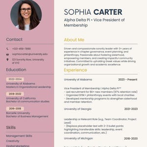 Editable Sorority Resume Template - Rush Resume & CV Template - Pink Aesthetic Canva Design for Sorority Recruitment and Leadership Roles