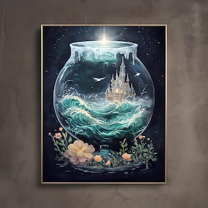 Königreich Enthalten | Schloss im Glas Fine Art Print | Academia Kunst | Cottagecore Wohnkultur | Bibliothekarkern | Stimmungsvolles Fantasy Wandposter