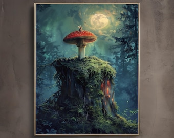 Goblincore Mushroom Print | Fairycore Wall Art | Whimsigoth Decor | Dark Fantasy Fungi Poster | Cottagecore | Enchanted Nature | Fairy Perch