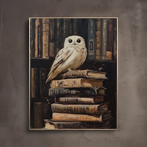 Stampa artistica Noctua / Dark Academia / Decorazione Librariancore / Poster da parete Moody Cottagecore / Arte da biblioteca vintage / Gufo bianco sui libri