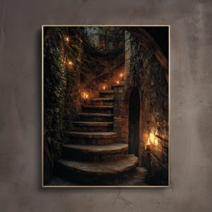 Ascend / Fine Art Dark Academia Stairs Print / Cottagecore / Moody Fantasy Wall Poster / Librariancore / Whimsigoth Witchy Candle /