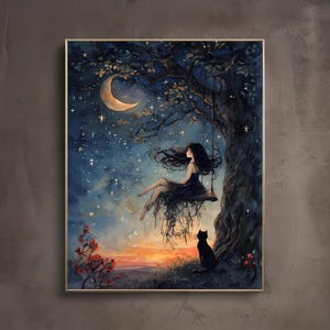 Altalena lunare / Stampa artistica Whimsigoth / Arte surreale e oscura dell'accademia / Alba cottagecore / Poster da parete Moody Fantasy / Librariancore