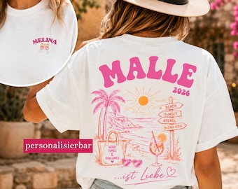 Malle Shirts Damen personalisiert mit Name, Malle T Shirt 2026, Malle Party Shirt für JGA, Mädelstrip, Mallorca Urlaub, Girls Trip Shirt