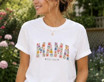 Mama Shirt, Partnerlook Familie Matching Shirt mit Jahr, Mama Papa Kind T-Shirt Blumen, Mutter Vater Kind Outfit, Familienlook EST