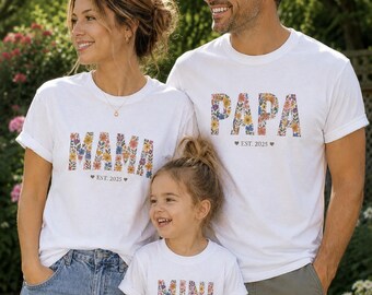 Partnerlook Familie Matching Shirt mit Jahr, Mama Papa Kind T-Shirt Blumen, Mutter Vater Kind Outfit, Familienlook EST, Geschenk Mama Papa