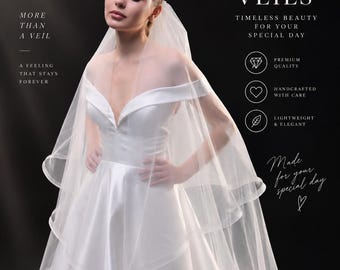 Könnte beinhalten: Ein weißer Brautschleier über einem schulterfreien Satinkleid. Das Bild enthält den Text: JULIEBRIDALGLOBAL BRIDAL COLLECTION, BRIDAL VEILS, MORE THAN A VEIL, A FEELING THAT STAYS FOREVER, TIMELESS BEAUTY FOR YOUR SPECIAL DAY, PREMIUM QUALITY, HANDCRAFTED WITH CARE, LIGHTWEIGHT & ELEGANT, Made for your special day.