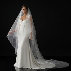 May include: A bride in a white wedding dress with a sweetheart neckline and a long, flowing veil. The dress is fitted at the bodice and flares out at the skirt. The veil is sheer and drapes over the shoulders and back. The background is black.